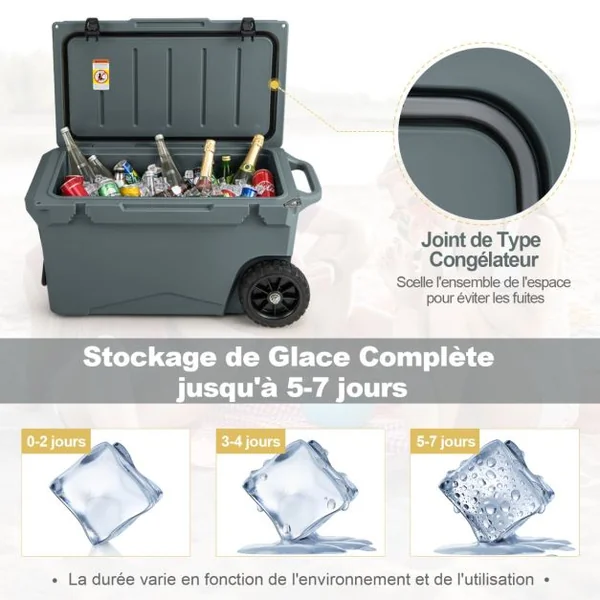 Glacière Isotherme Portable 71 L avec Bouchon de Vidange et Porte-gobelets Glacière Rigide à Roulettes Rétention de Glace de 5 à 7 Jours Gris/Kaki