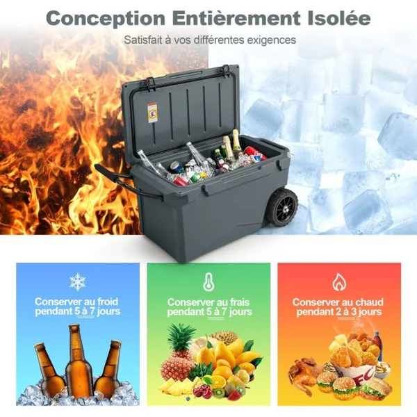 Glacière Isotherme Portable 71 L avec Bouchon de Vidange et Porte-gobelets Glacière Rigide à Roulettes Rétention de Glace de 5 à 7 Jours Gris/Kaki