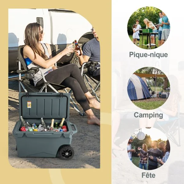 Glacière Isotherme Portable 71 L avec Bouchon de Vidange et Porte-gobelets Glacière Rigide à Roulettes Rétention de Glace de 5 à 7 Jours Gris/Kaki