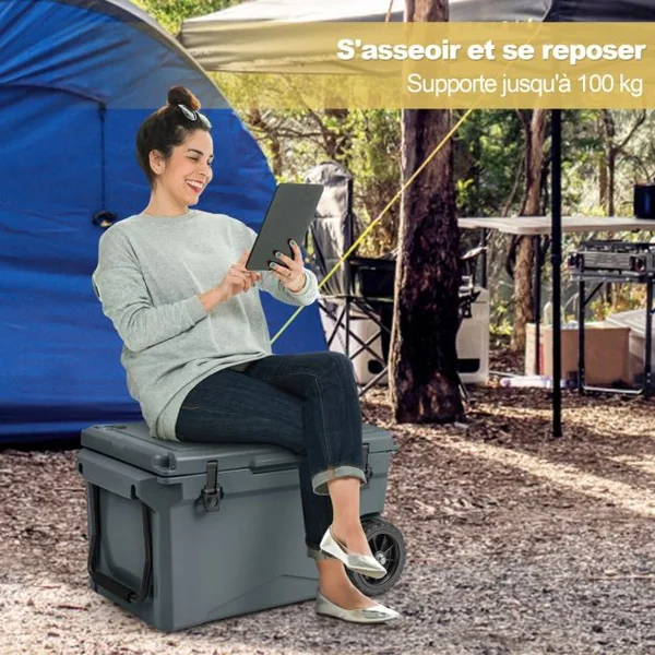 Glacière Isotherme Portable 71 L avec Bouchon de Vidange et Porte-gobelets Glacière Rigide à Roulettes Rétention de Glace de 5 à 7 Jours Gris/Kaki