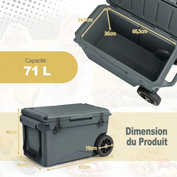 Glacière Isotherme Portable 71 L avec Bouchon de Vidange et Porte-gobelets Glacière Rigide à Roulettes Rétention de Glace de 5 à 7 Jours Gris/Kaki
