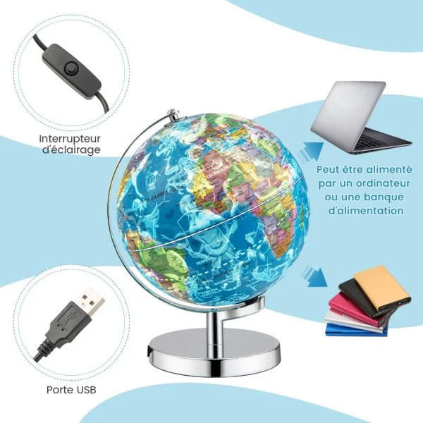 Globe Terrestre 23 cm Globe Jour & Nuit Lumineux S’illumine avec la Carte des 88 Constellations Déco. de Bureau Ecole