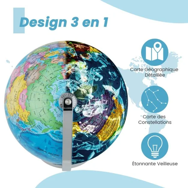 Globe Terrestre 23 cm Globe Jour & Nuit Lumineux S’illumine avec la Carte des 88 Constellations Déco. de Bureau Ecole