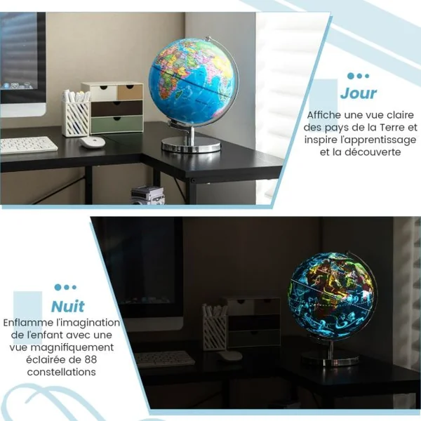 Globe Terrestre 23 cm Globe Jour & Nuit Lumineux S’illumine avec la Carte des 88 Constellations Déco. de Bureau Ecole