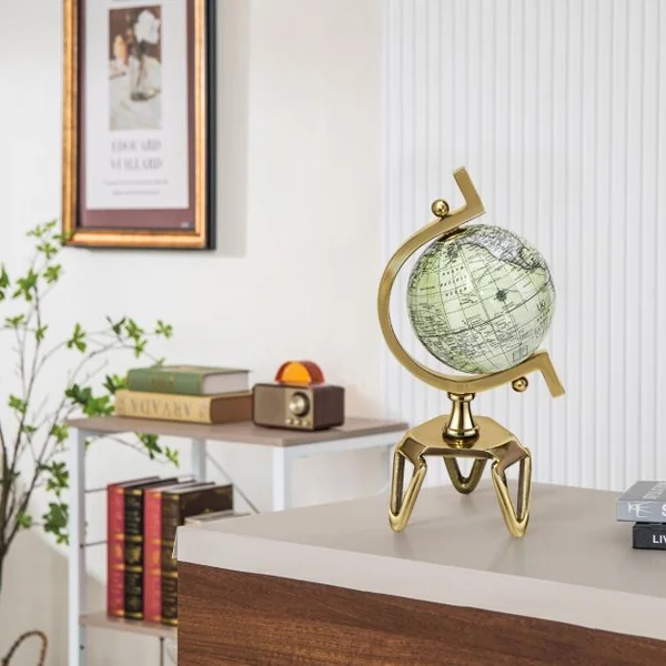 Globe Terrestre Décoratif de 18 cm Antique Globe Géographique avec Support Triangulaire Globe Intéractif pour Salle de Classe Blanc+Doré