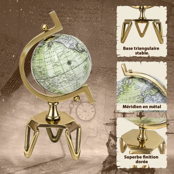 Globe Terrestre Décoratif de 18 cm Antique Globe Géographique avec Support Triangulaire Globe Intéractif pour Salle de Classe Blanc+Doré