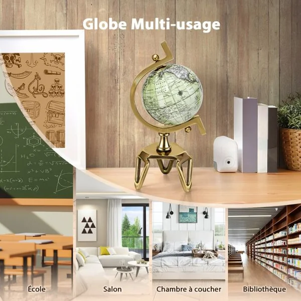 Globe Terrestre Décoratif de 18 cm Antique Globe Géographique avec Support Triangulaire Globe Intéractif pour Salle de Classe Blanc+Doré