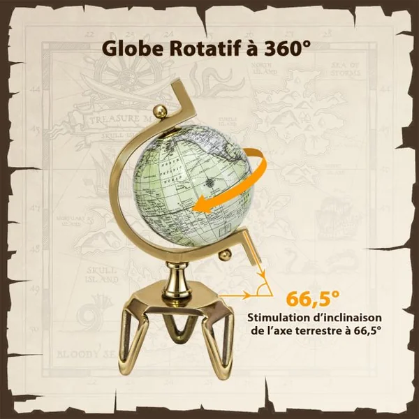 Globe Terrestre Décoratif de 18 cm Antique Globe Géographique avec Support Triangulaire Globe Intéractif pour Salle de Classe Blanc+Doré