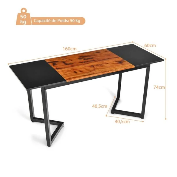 Grand Bureau d'Ordinateur 160 CM Simple et Moderne Tableau d'Épissure Poste de Travail Cadre et Crochet en Métal Noir