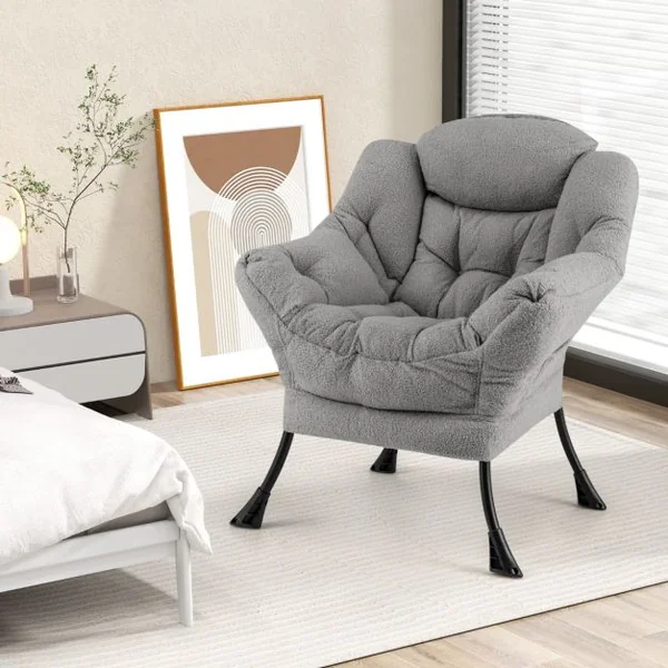 Grand Fauteuil de Relaxation Chaise d'Appoint Rembourrée Sherpa Dossier et Siège Capitonnés Accoudoirs Poche de Rangement Beige/Gris/Rose