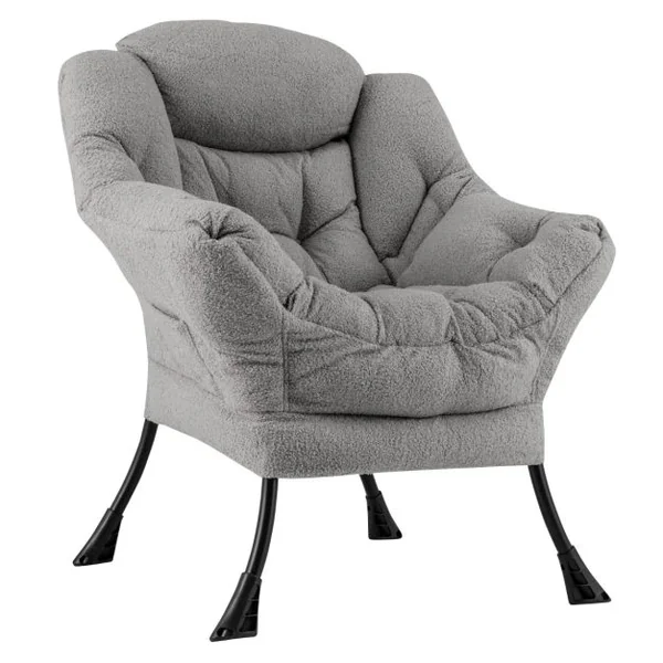 Grand Fauteuil de Relaxation Chaise d'Appoint Rembourrée Sherpa Dossier et Siège Capitonnés Accoudoirs Poche de Rangement Beige/Gris/Rose