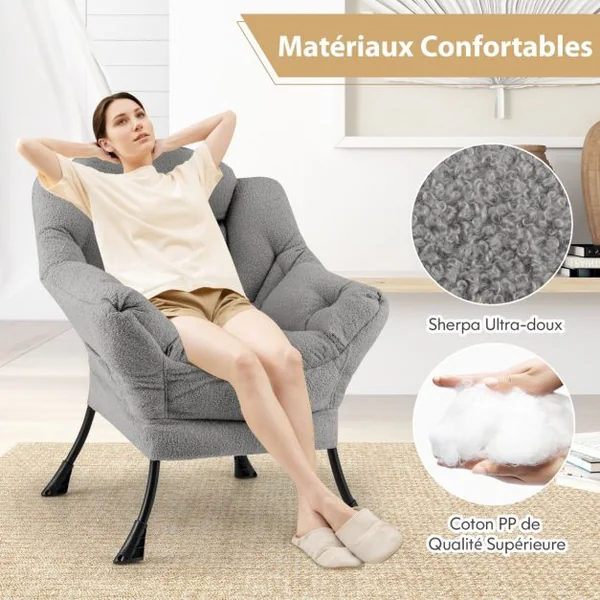 Grand Fauteuil de Relaxation Chaise d'Appoint Rembourrée Sherpa Dossier et Siège Capitonnés Accoudoirs Poche de Rangement Beige/Gris/Rose