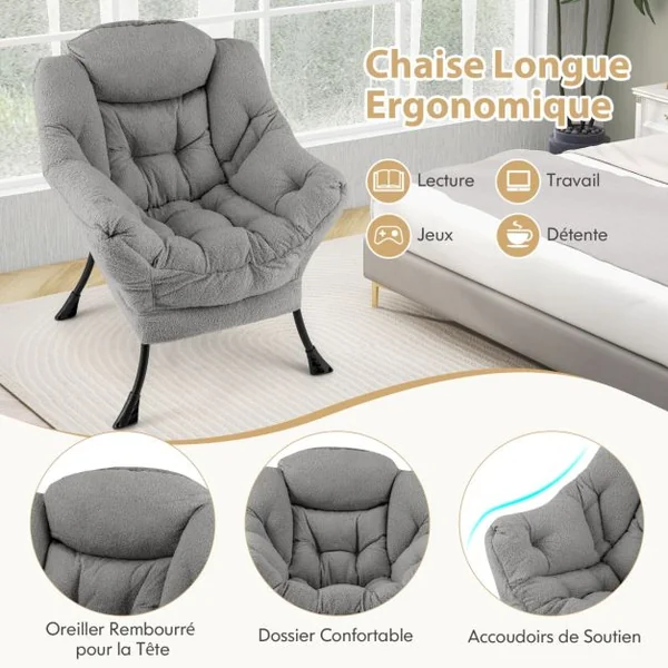 Grand Fauteuil de Relaxation Chaise d'Appoint Rembourrée Sherpa Dossier et Siège Capitonnés Accoudoirs Poche de Rangement Beige/Gris/Rose