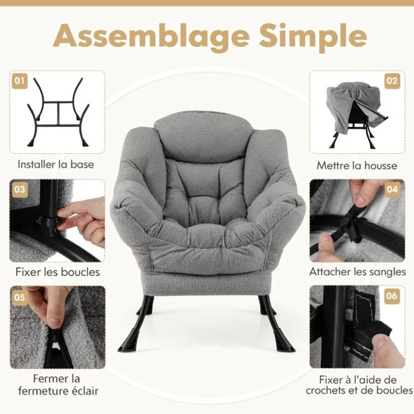 Grand Fauteuil de Relaxation Chaise d'Appoint Rembourrée Sherpa Dossier et Siège Capitonnés Accoudoirs Poche de Rangement Beige/Gris/Rose