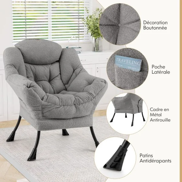 Grand Fauteuil de Relaxation Chaise d'Appoint Rembourrée Sherpa Dossier et Siège Capitonnés Accoudoirs Poche de Rangement Beige/Gris/Rose