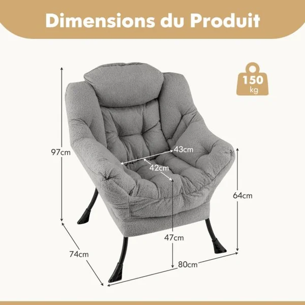 Grand Fauteuil de Relaxation Chaise d'Appoint Rembourrée Sherpa Dossier et Siège Capitonnés Accoudoirs Poche de Rangement Beige/Gris/Rose