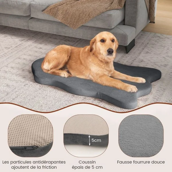 Grand Lit pour Chien en Mousse à Mémoire avec Housse Amovible et Fond Antidérapant Coussin Orthopédique pour Chien Gris