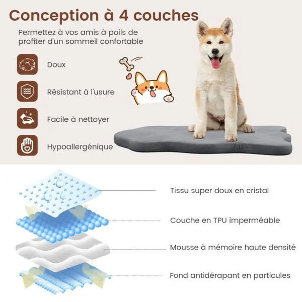 Grand Lit pour Chien en Mousse à Mémoire avec Housse Amovible et Fond Antidérapant Coussin Orthopédique pour Chien Gris
