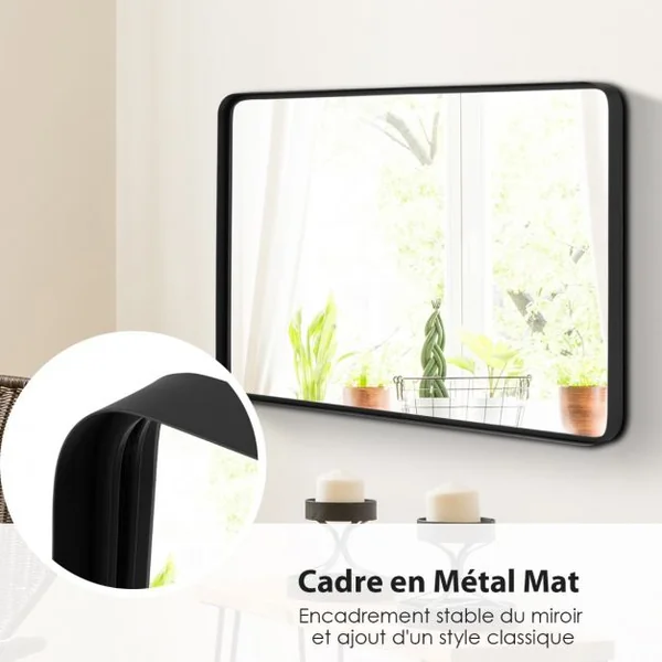 Grand Miroir de Salle de Bain avec Cadre en Métal Noir avec Cadre en Métal Noir Mat Horizontal ou Vertical Suspendu