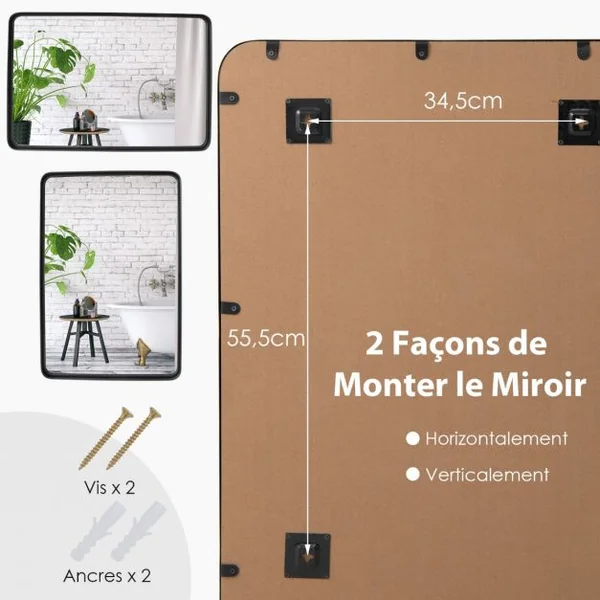 Grand Miroir de Salle de Bain avec Cadre en Métal Noir avec Cadre en Métal Noir Mat Horizontal ou Vertical Suspendu
