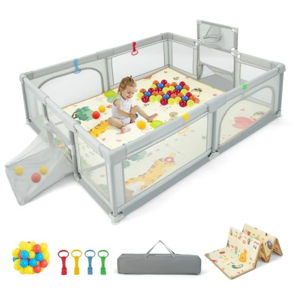 Grand Parc pour Bébé avec Tapis Parc de Jeu Sécurisé avec Panier de Basket et Filets de Football Portes Zippées Ventouses Supplémentaires Gris Clair