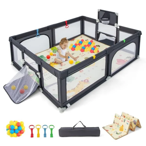 Grand Parc pour Bébé avec Tapis Parc de Jeu Sécurisé avec Panier de Basket et Filets de Football Portes Zippées Ventouses Supplémentaires Gris Foncé