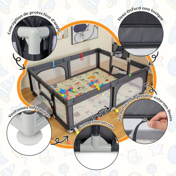 Grand Parc pour Bébé avec Tapis Parc de Jeu Sécurisé avec Panier de Basket et Filets de Football Portes Zippées Ventouses Supplémentaires Gris Foncé