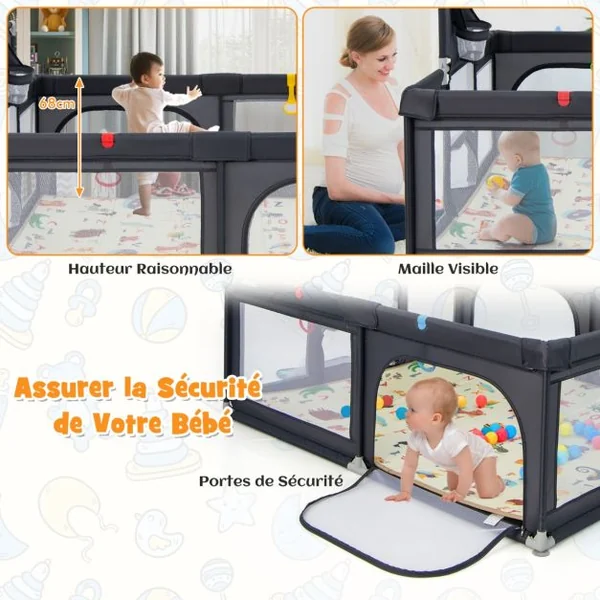 Grand Parc pour Bébé avec Tapis Parc de Jeu Sécurisé avec Panier de Basket et Filets de Football Portes Zippées Ventouses Supplémentaires Gris Foncé