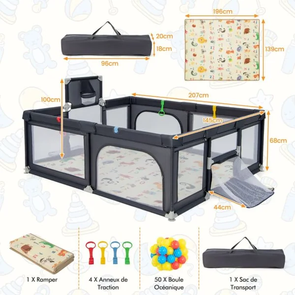 Grand Parc pour Bébé avec Tapis Parc de Jeu Sécurisé avec Panier de Basket et Filets de Football Portes Zippées Ventouses Supplémentaires Gris Foncé