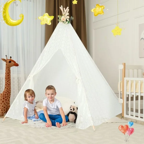 Grande Tipi Tente de Jeu Pour Enfant avec Guirlande de Lumières en Dentelle Romantique de Style Princesse
