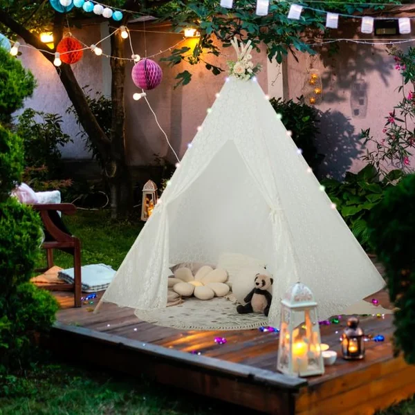 Grande Tipi Tente de Jeu Pour Enfant avec Guirlande de Lumières en Dentelle Romantique de Style Princesse
