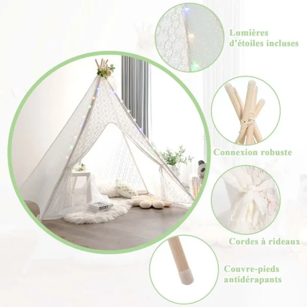 Grande Tipi Tente de Jeu Pour Enfant avec Guirlande de Lumières en Dentelle Romantique de Style Princesse