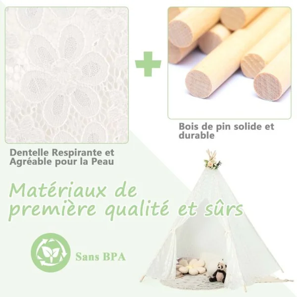 Grande Tipi Tente de Jeu Pour Enfant avec Guirlande de Lumières en Dentelle Romantique de Style Princesse