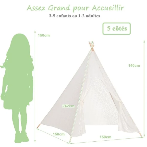 Grande Tipi Tente de Jeu Pour Enfant avec Guirlande de Lumières en Dentelle Romantique de Style Princesse
