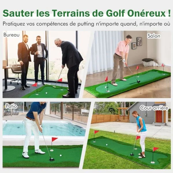Green de Putting de Golf Tapis d'Entraînement Professionnel avec Pelouse Artificielle Réaliste 3 Trous 3 Drapeaux & Gobelets 300 x 100 CM