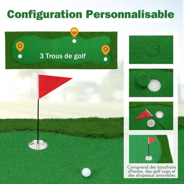 Green de Putting de Golf Tapis d'Entraînement Professionnel avec Pelouse Artificielle Réaliste 3 Trous 3 Drapeaux & Gobelets 300 x 100 CM
