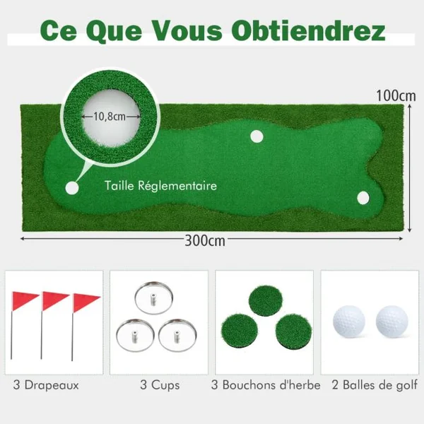 Green de Putting de Golf Tapis d'Entraînement Professionnel avec Pelouse Artificielle Réaliste 3 Trous 3 Drapeaux & Gobelets 300 x 100 CM