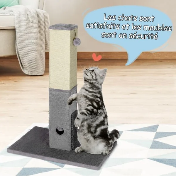 Griffoir pour Chats Poteau 79 CM de Haut en Sisal Naturel et Peluche 2 Balles Interactives Gris