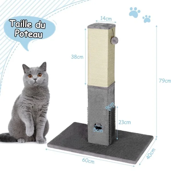 Griffoir pour Chats Poteau 79 CM de Haut en Sisal Naturel et Peluche 2 Balles Interactives Gris