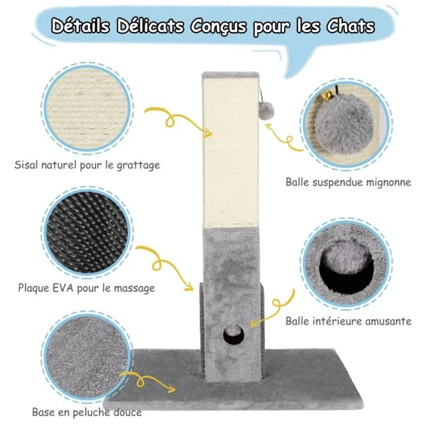 Griffoir pour Chats Poteau 79 CM de Haut en Sisal Naturel et Peluche 2 Balles Interactives Gris