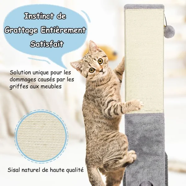 Griffoir pour Chats Poteau 79 CM de Haut en Sisal Naturel et Peluche 2 Balles Interactives Gris