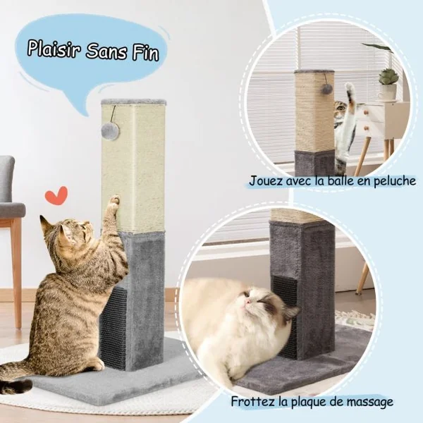 Griffoir pour Chats Poteau 79 CM de Haut en Sisal Naturel et Peluche 2 Balles Interactives Gris