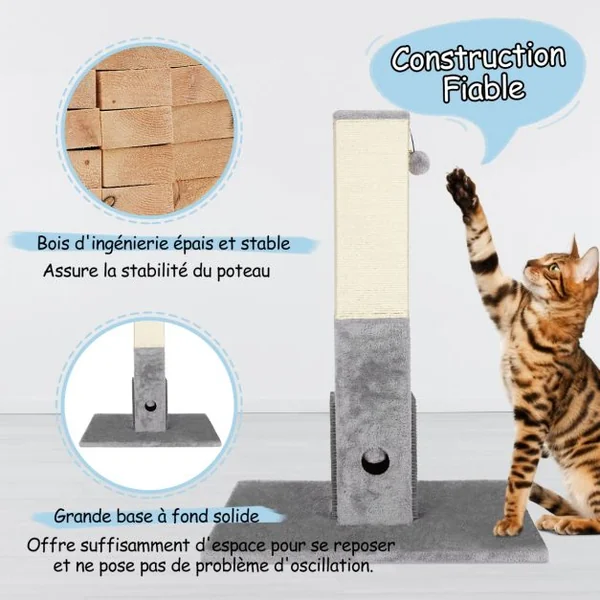 Griffoir pour Chats Poteau 79 CM de Haut en Sisal Naturel et Peluche 2 Balles Interactives Gris