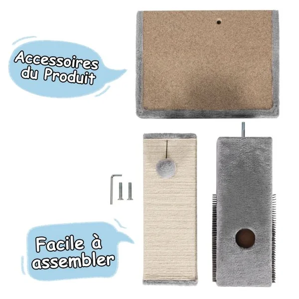 Griffoir pour Chats Poteau 79 CM de Haut en Sisal Naturel et Peluche 2 Balles Interactives Gris