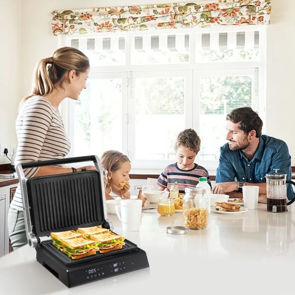 Grill Multifonction Electrique 1800-2000W Tactile Intelligent Ouverture à 180° Minuterie 4H 5 Modes Automatiques Double Plaques