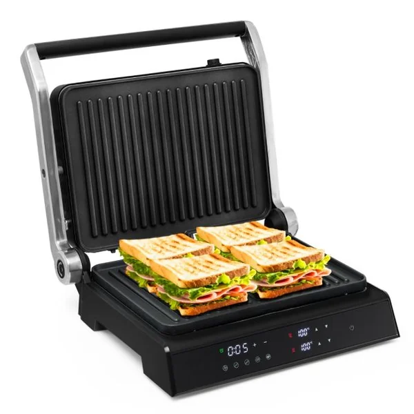 Grill Multifonction Electrique 1800-2000W Tactile Intelligent Ouverture à 180° Minuterie 4H 5 Modes Automatiques Double Plaques