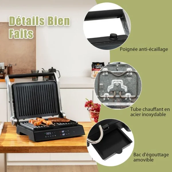 Grill Multifonction Electrique 1800-2000W Tactile Intelligent Ouverture à 180° Minuterie 4H 5 Modes Automatiques Double Plaques
