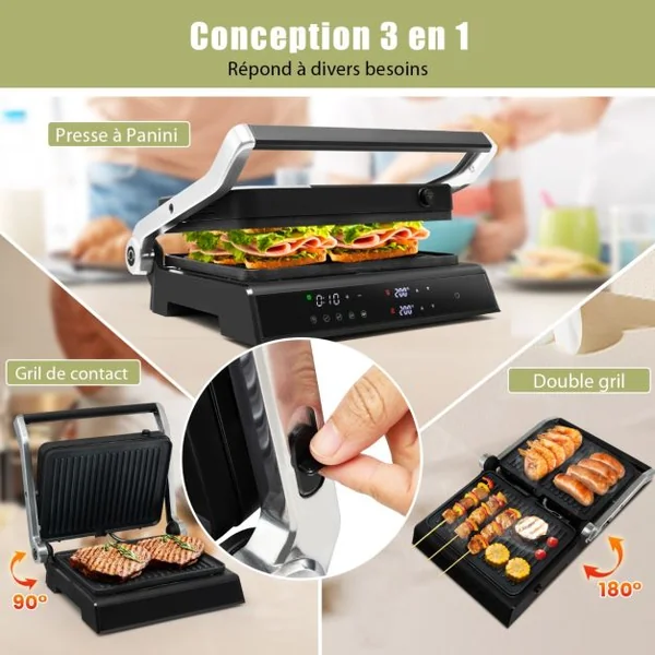 Grill Multifonction Electrique 1800-2000W Tactile Intelligent Ouverture à 180° Minuterie 4H 5 Modes Automatiques Double Plaques