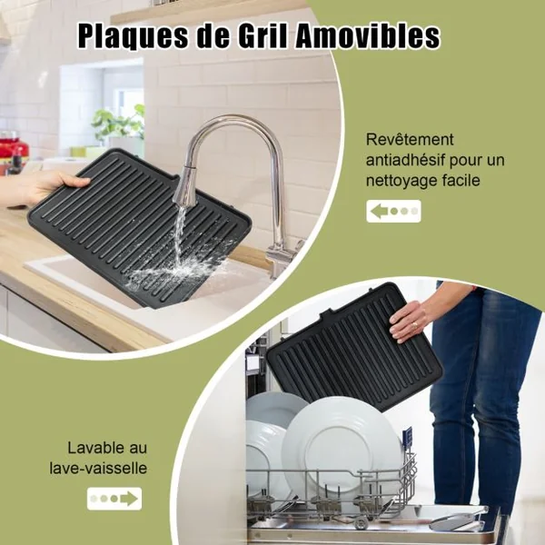 Grill Multifonction Electrique 1800-2000W Tactile Intelligent Ouverture à 180° Minuterie 4H 5 Modes Automatiques Double Plaques