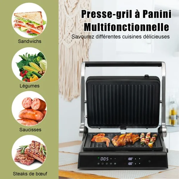 Grill Multifonction Electrique 1800-2000W Tactile Intelligent Ouverture à 180° Minuterie 4H 5 Modes Automatiques Double Plaques